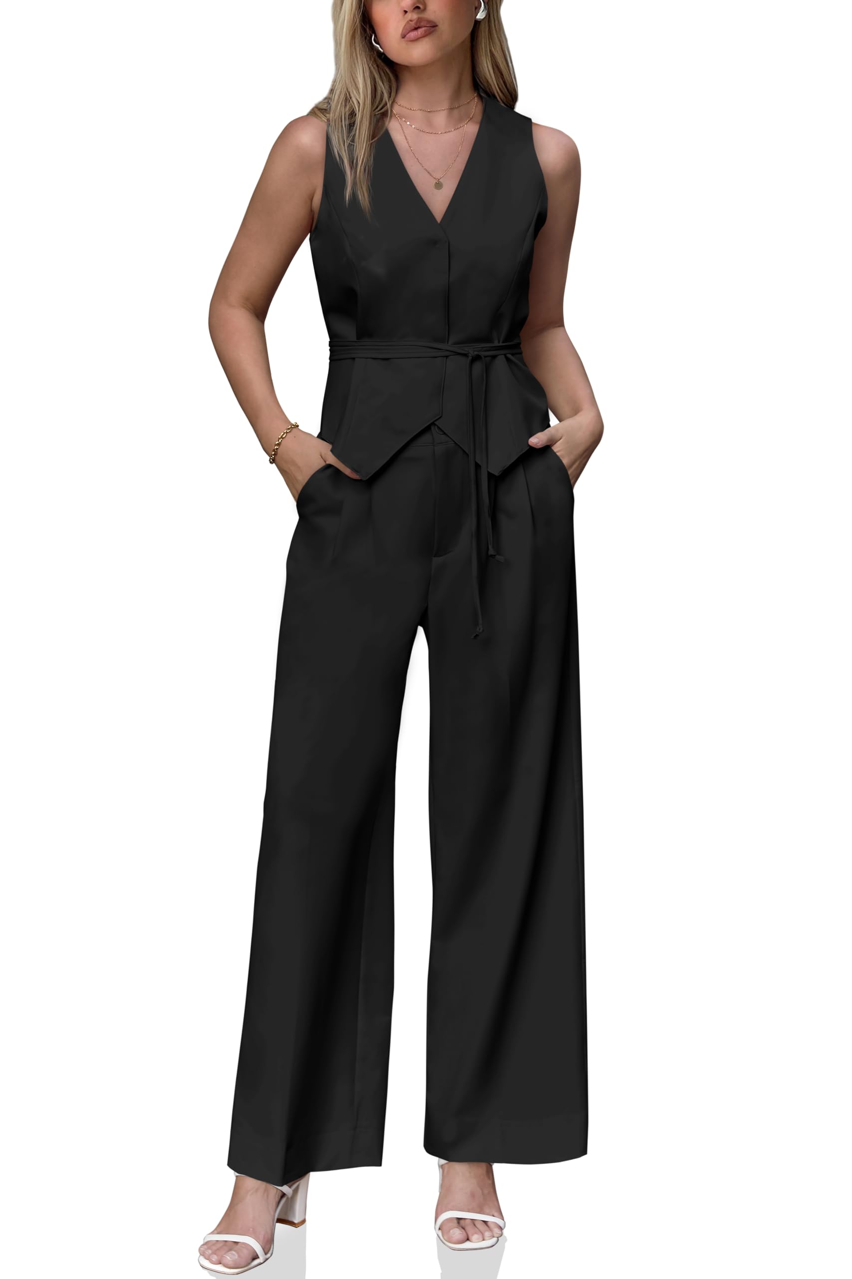 Cicy Bell Womens Business Casual 2 Piece Outfits V Neck Sleeveless Tie Waist Blazer Vest Pleated Wide Leg Suits Pants Sets