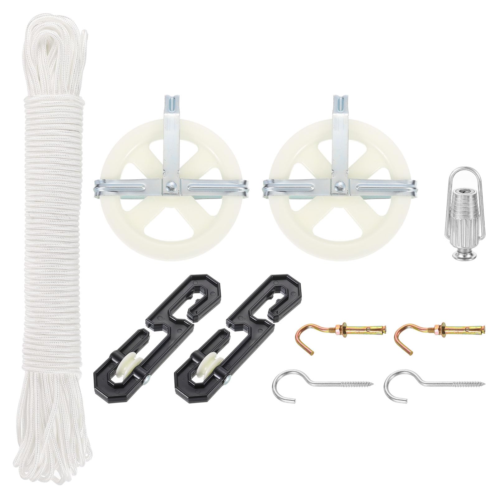 sourcing map Kit de corde à linge d'extérieur, poulie de corde à linge de 12,7 cm, corde à linge de 45,7 m pour extérieur, poulie écarteur de séparateur en S, tendeur de corde à linge et 50 pinces à