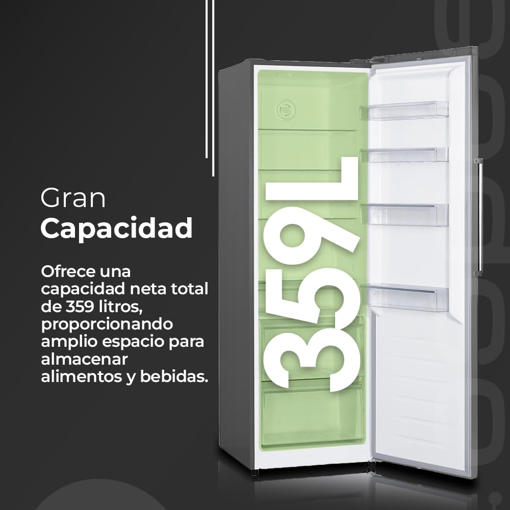 Aspes Refrigerador Inox, 1 Puerta. AR185601ENFDX, Capacidad 359 Litros, No Frost, Multi Air Flow, 40dB, Puerta Reversible, Apertura Tirador, Clase E