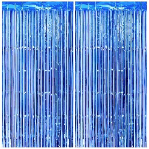 Image of Thicken Blue Streamers 2 Pack 3.2 x 8.2 FT, Blue Foil Fringe Tinsel Backdrop Curtains for Graduation Fathers Day Decorations, Birthday Decorations for Men Boys