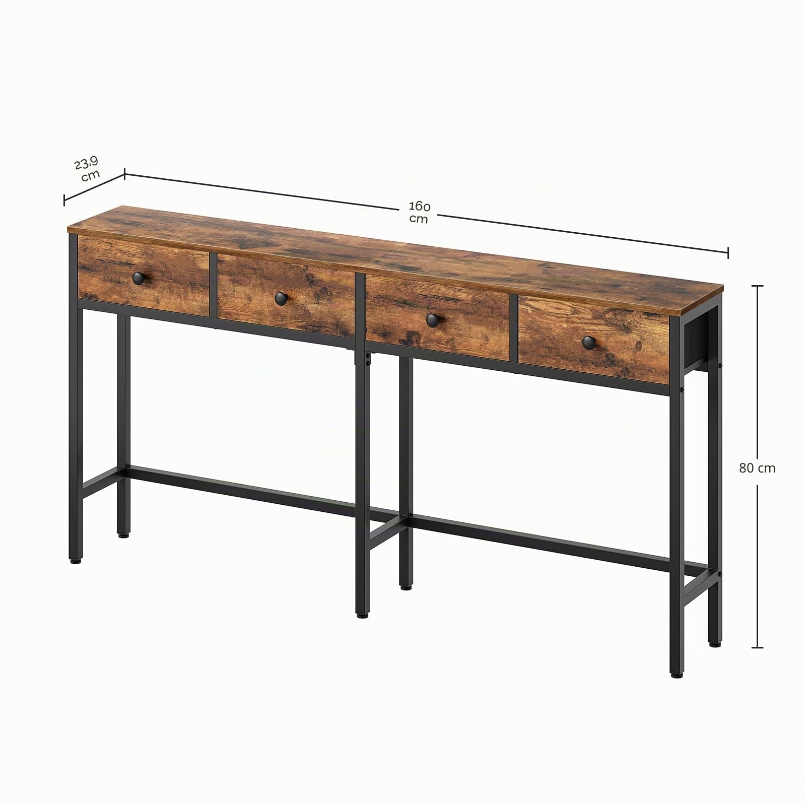 YATINEY Konsolentisch schmal, 160 cm, Langer Flurtisch, Eingangstisch mit 4 Schubladen, für Eingangsbereich, Flur, Wohnzimmer, Vintagebraun-Schwarz XCT40BR