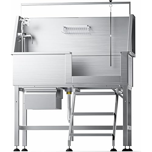 46" Dog Washing Station, Leak-Proof 304 Stainless Steel Dog Bathtub with Non-Slip Removable Left Ramp & Storage Drawer, Elevated Pet Wash Station for Large Dogs, Garage & Outdoor Use (Right Stair)