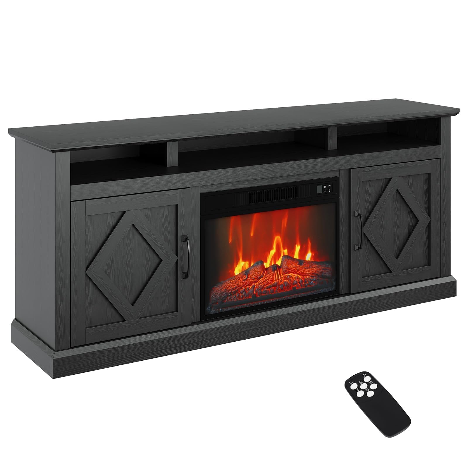 67-Inch Electric Fireplace TV Cabinet with Built-in 18-Inch Fireplace Insert, Adjustable Heat and Flame Settings, Remote Control, Storage Space for