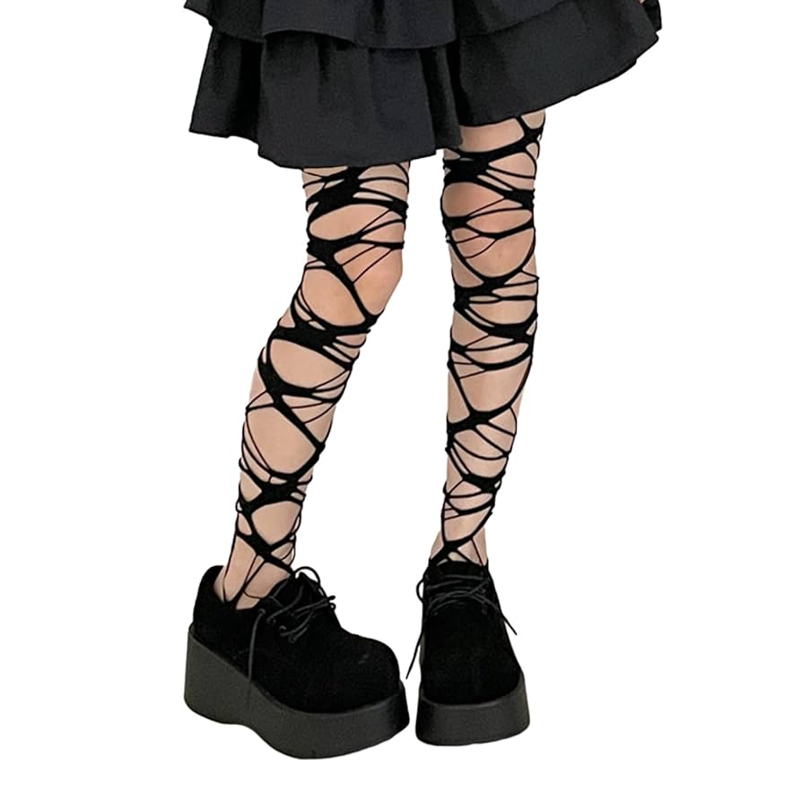 Amazon.co.jp: HEMLBOYWダメージ加工網タイツレギンス、女性用