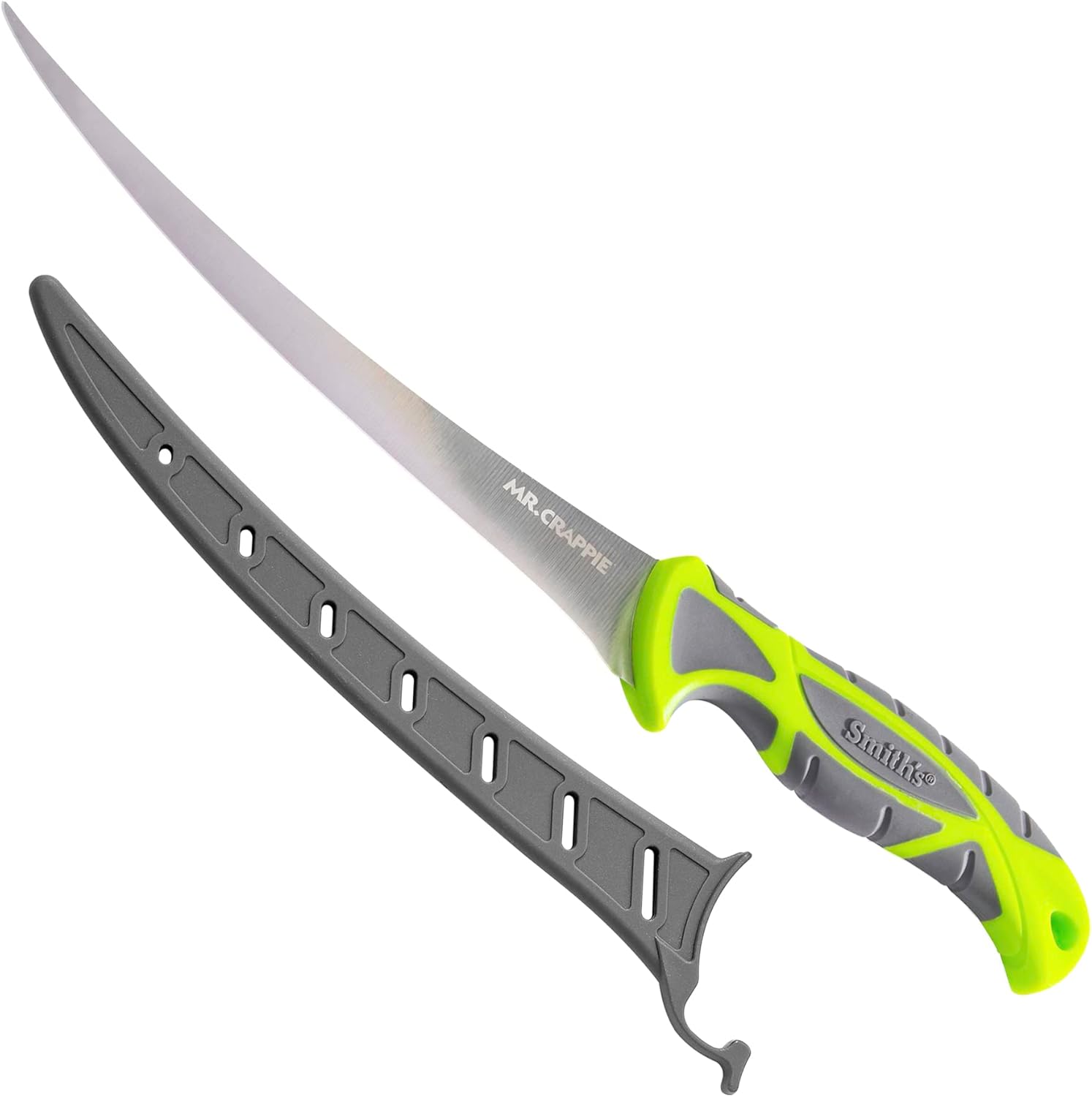 Smith's 51388 Mr. Crappie 8” Curved Super Flex Fillet Knife - Stainless Steel Blade - Non-Slip Soft Grip Handle - Sheath - Curved Fillet Knife - Deboning & Game Processing - Fishing Knife,Green