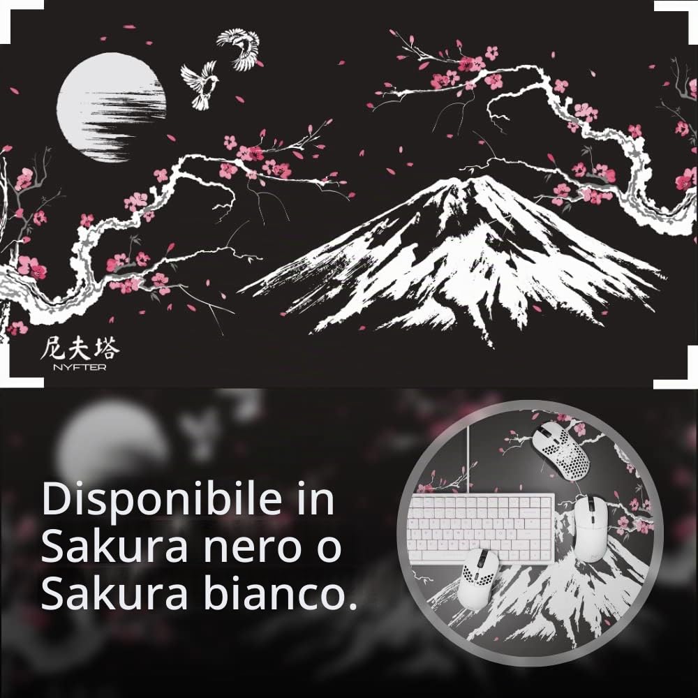 Nyfter - Tappetino per mouse da gioco 3XL Sakura nero 1200 x 600 mm Premium Fuji Mousepad Size Grandi bordi cuciti durevoli con Glide di alta qualità e antiscivolo Speed Gaming Mousepad