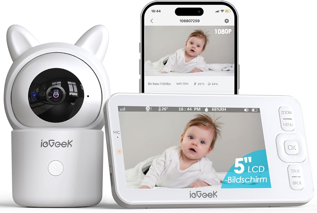 ieGeek Babyphone mit Kamera 1080P, 5 Zoll WLAN Video babyfone PTZ 360° mit APP, 4-Fach Zoom, Zonenalarm, Bewegungs-/Geräuscherkennung, Temperatur- und Feuchtigkeitserkennung, Fütterungserinnerung