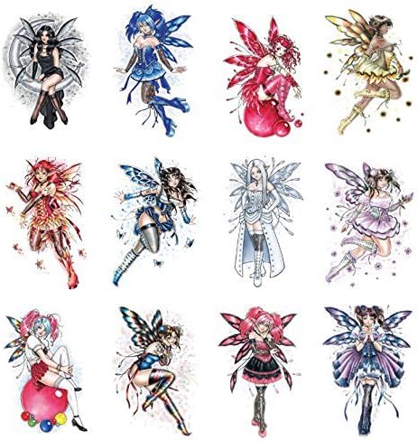 12 Sexy Glitter Fairy Tattoos Temporary. Twelve Colorful Pink Purple Blue Red White Girls Wings, Stocking, Black Boots Body Face Elf Pixie Nymph Dancing Spirit Moon Rainbow Flying Bubbles Butterflies