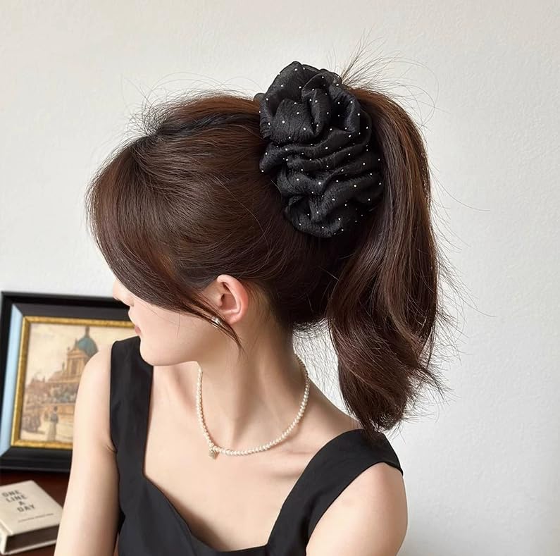 2Pcs Rhinestone Bow Cloud Bubble Hair Clips Chiffon Bubble Large Clips Styling Accessories for Thick Hair(Black+Champagne) - Image 3