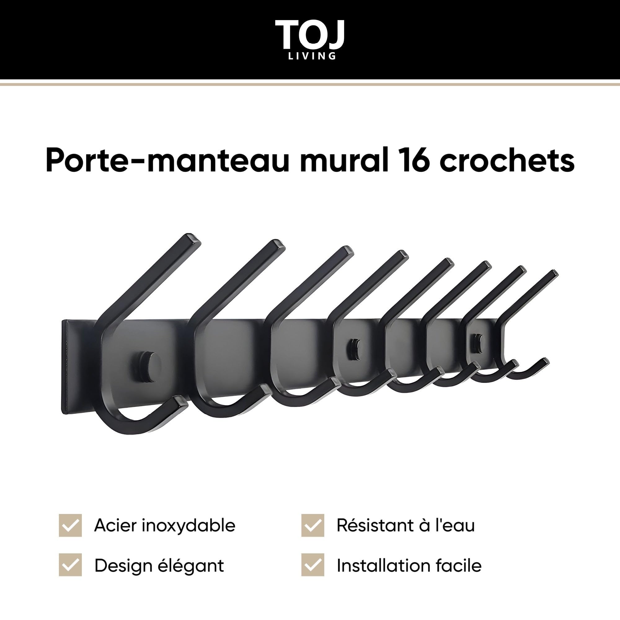 TOJ Appendiabiti da parete con 16 ganci - Appendiabiti da parete - Cornice appendiabiti in acciaio inox - 62 cm - Nero opaco