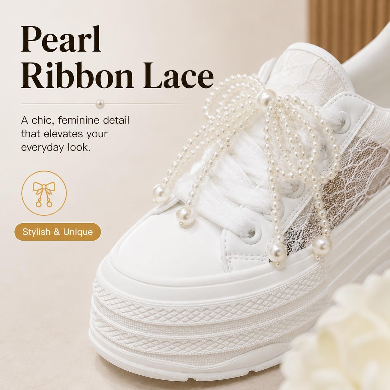 ENEN Zapatillas Mujer Encaje Perla
