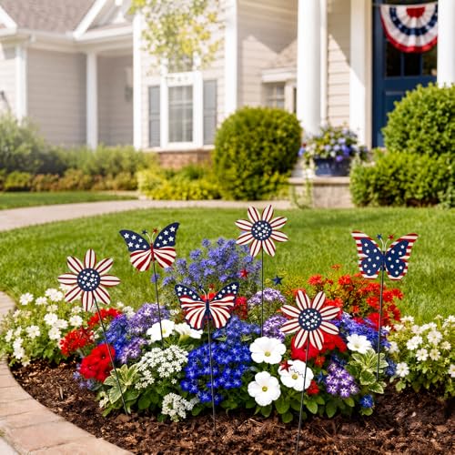 Image of 6Pack 4th of July Decorations Outdoor, 18.6Inch Patriotic Metal Flowers Butterfly Decorative Garden Stakes for Independence Day, Americana Patriotic Yard Signs Decor for Garden Lawn Porch