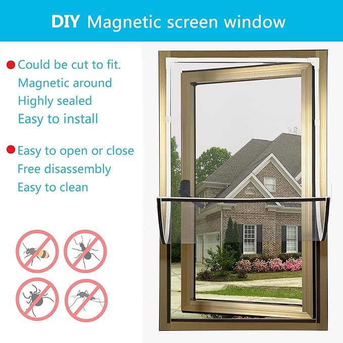 DIY Magnetic Window Screen with Adjustable Size | Easy Installation, White Frame, Gray Fiberglass Mesh