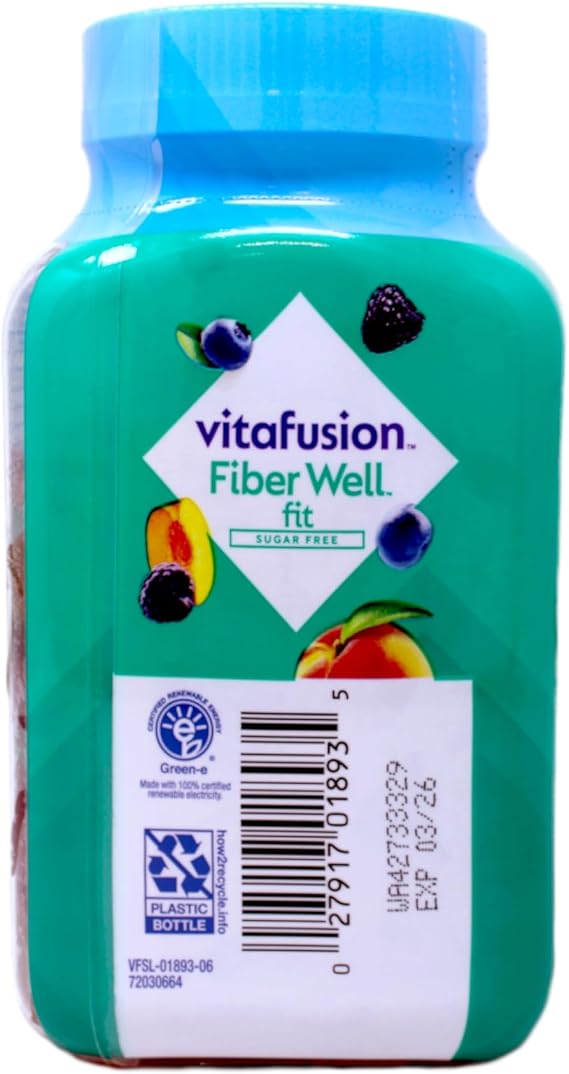 Vitafusion Fiber Well Fit Sugar Free Supplement Gummies, Berry & Peach Flavors, 90 ct (Pack of 2)