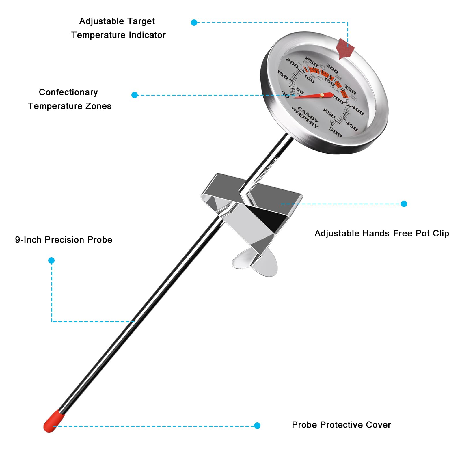 Stainless Steel Candy Thermometer with Pot Clip Deep Fry Oil Thermometer with 9" Long Probe & 2" Dial Accurate Temperature Reading for Cooking Candy Sugar Jelly Syrup Deep Frying Thermometer - Image 2