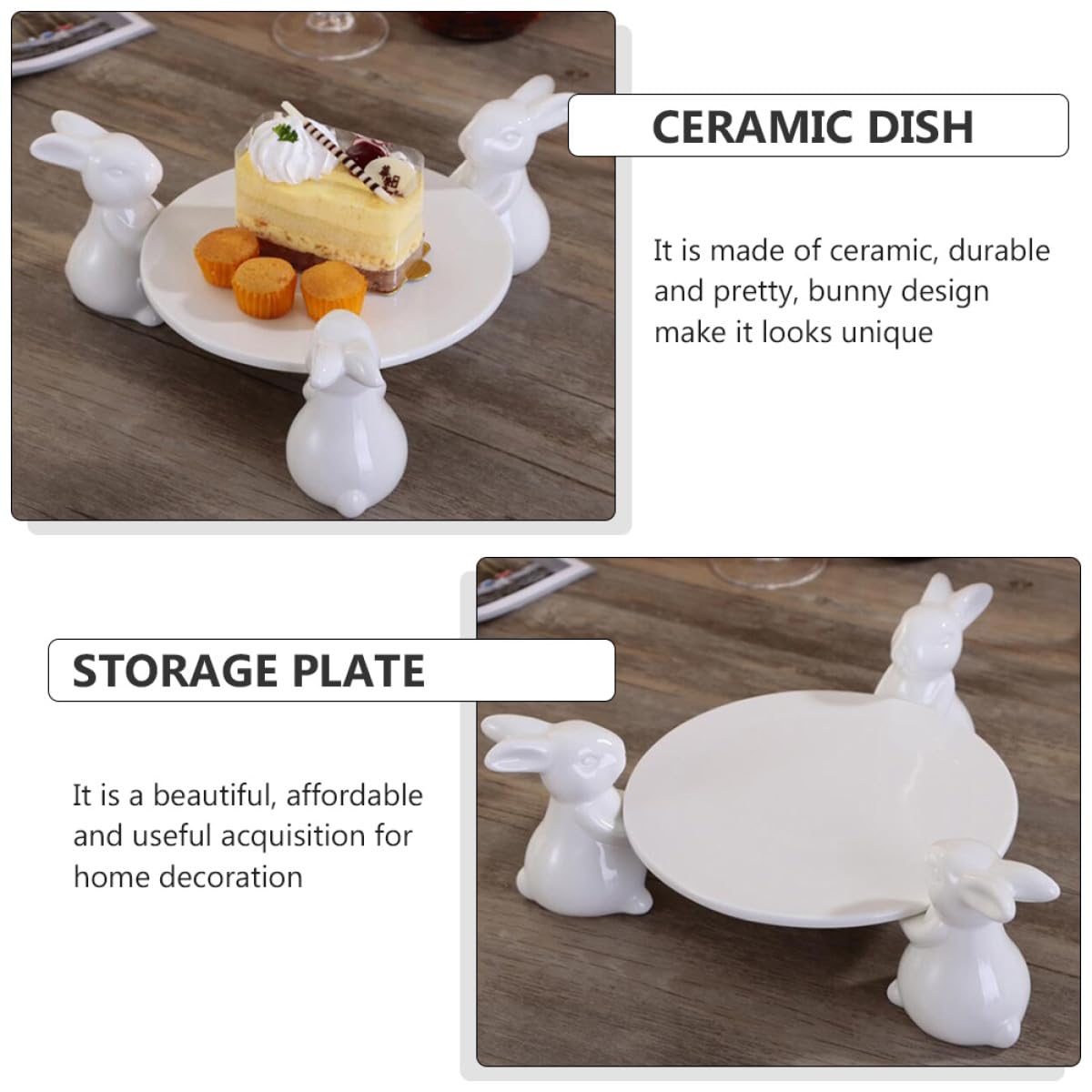 NOLITOY Plato de Cerámica Conejitos, Redondo, Blanco, para Postres