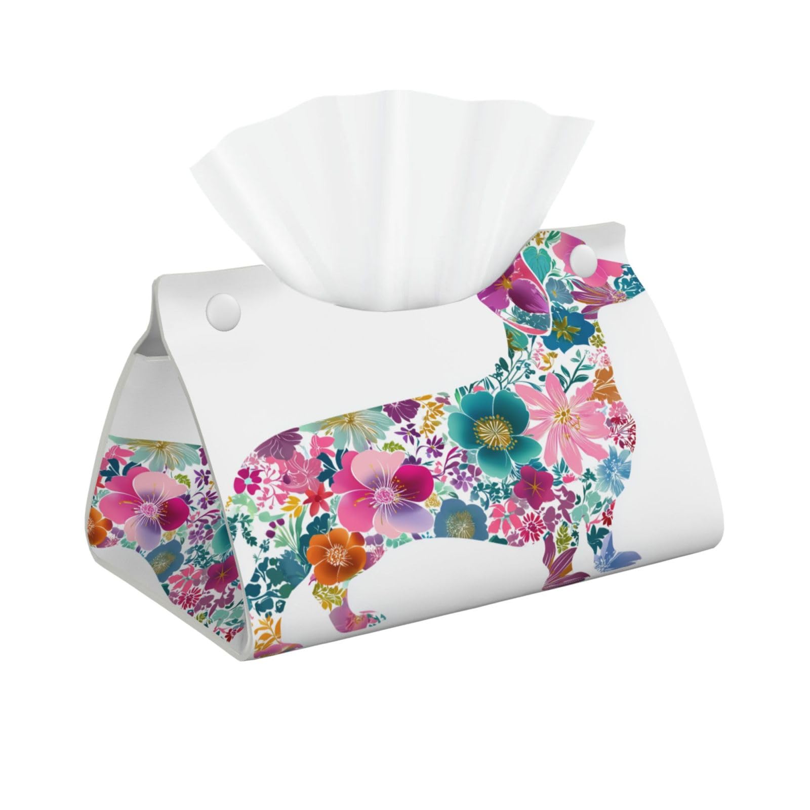 Floral Patterned Dachshund Silhouette Tissue Box Cover Rectangle Pu Leather Tissue Box Holder for Car Bathroom Bedroom Desk Tabletop Decor