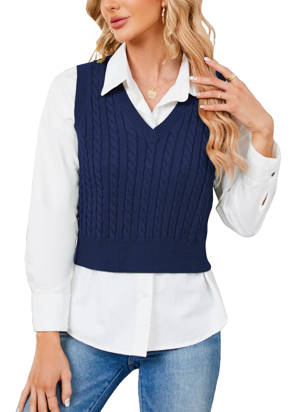 HOCOSIT Women's Knitted V-Neck Vest Argyle Plaid Preppy Style Sleeveless Pullover Crop Sweater Vest