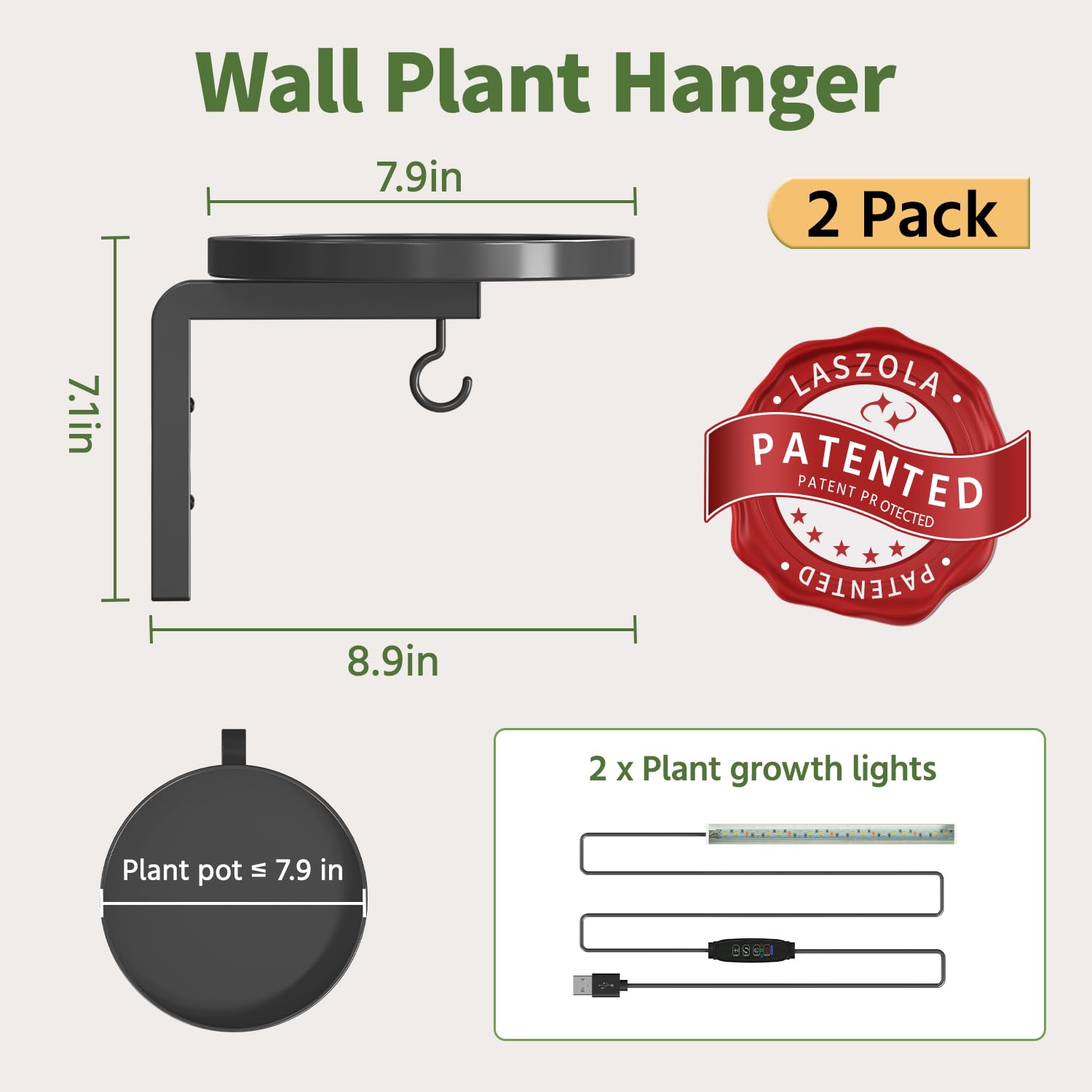 LASZOLA Lot de 2 supports muraux pour plantes d'intérieur avec lampes de croissance, supports de fenêtre en métal, présentoir à fleurs flottant moderne avec 2 crochets pour décoration extérieure