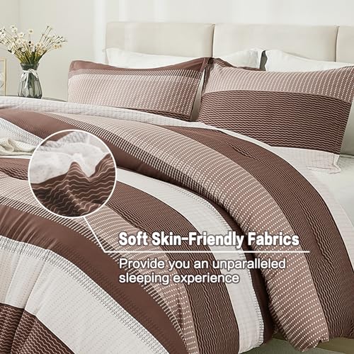 Litanika Brown Comforter Set California King - 3 Pieces Lightweight Brown White Colorblock Stripe Fluffy Bedding Comforter Sets, All Season Bed Set