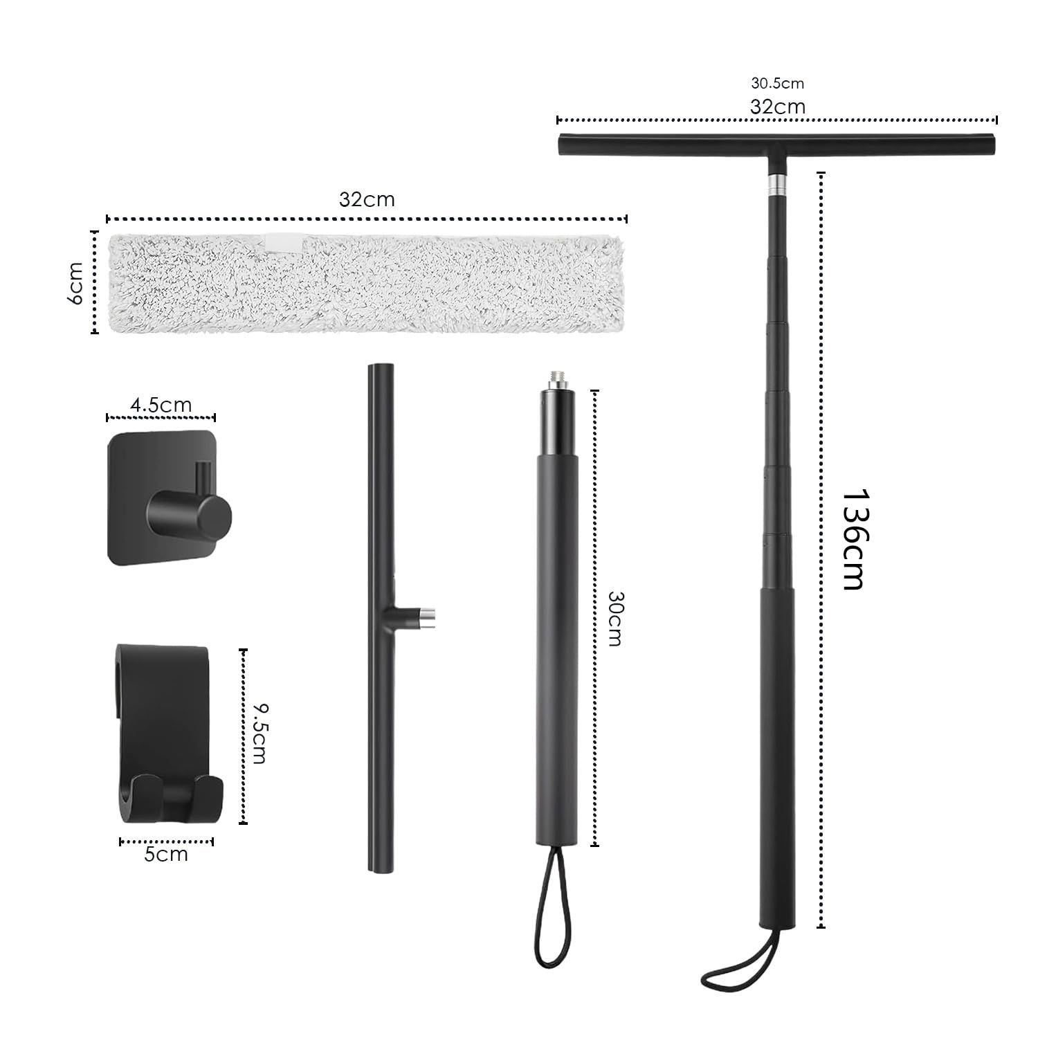Limpiacristales 2 en 1 – 32 cm de ancho para ventanas, azulejos, espejos y suelos, con borde de silicona, paño de microfibra y mango antideslizante, extensible hasta 140 cm