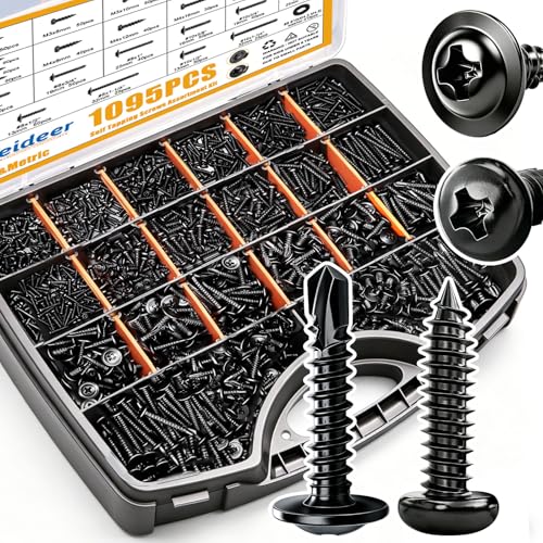 weideer 1095pcs Self Tapping Screws for Metal, #8#10 M2 M3 M4 410 Stainless Steel Screws Assortment Kit Black Oxide Truss Head and Phillips Pan Head Metal Screw