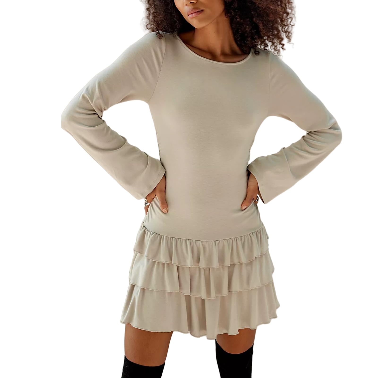 TRURENDI Womens Y2k Long Sleeve Mini Dress Slim Fit Ruffle Hem Layer Dress Solid Color Bodycon Party Dress Clubwear