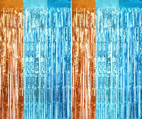 Image of TONIFUL Orange Blue Door Streamers,Blue and Orange Photo Booth Backdrop Metallic Streamers Foil Fringe Curtain for Birthday,New Year,Graduation,Grad,Bachelorette Party Streamers Decoration