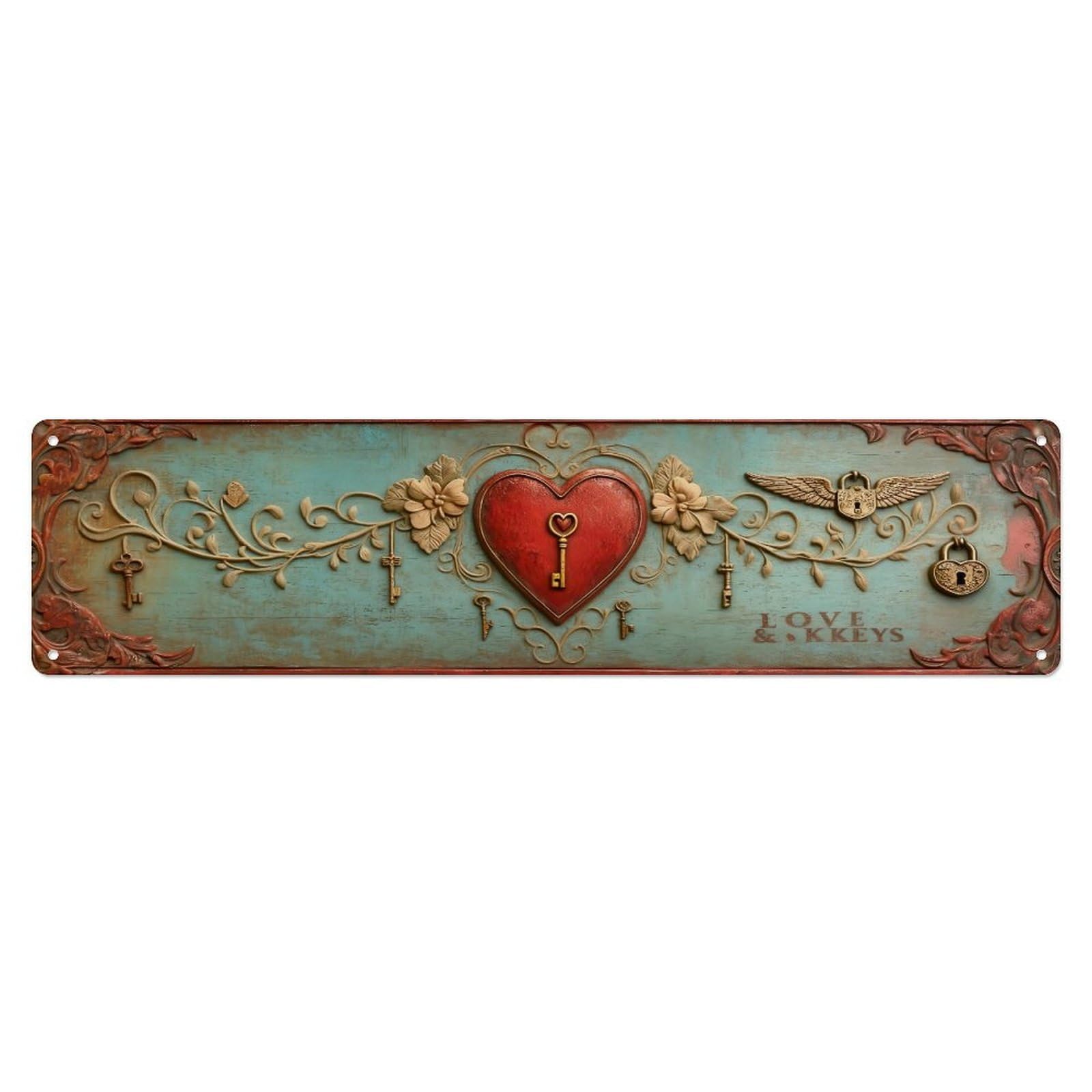 Iageret Vintage Heart Key Floral Rustic Metal Tin Sign Retro Wall Decor, Bar Garage Cafe Kitchen Home Wall Art Poster Decoration 4X16inches