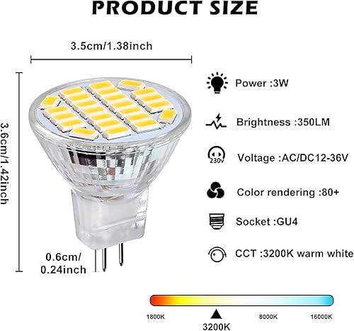 Miniatura 2 de GU4 Bombillas LED MR11, paquete de 6 bombillas halógenas de 3 W, reemplazo halógeno de 20 a 25 W, 2 pines 350 lm, bombilla LED MR11 GU4 para