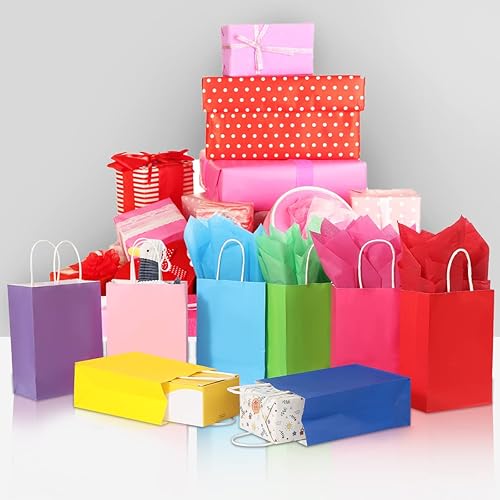 Miniatura 4 de Vammy Paquete de 32 bolsas de papel de regalo pequeñas con 32 pañuelos, 8 colores de bolsas de regalo de fiesta con asas, bolsas de regalo de papel