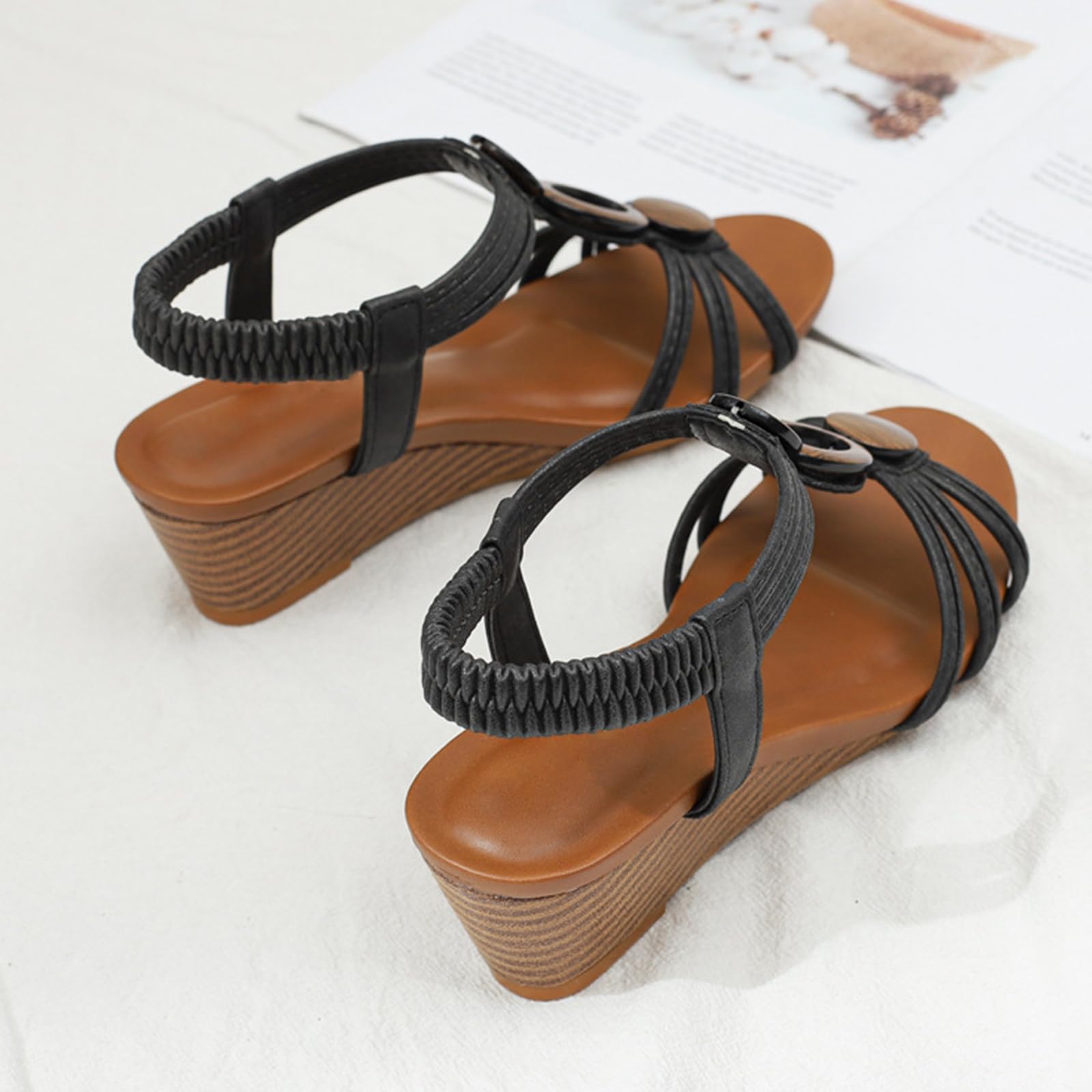 Sandalias romanas mujer sandalias de cuña punta redonda mujer tiras cruzadas caladas tira elástica al tobillo talón abierto aro efecto madera caminar diario viaje vacaciones