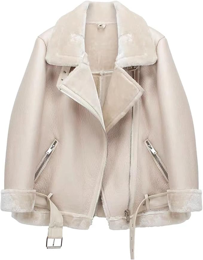 LY VAREY LIN Women's Faux Shearing Moto Jacket Thick Lined Parka Winter Shearling Coat Leather Jacket fashion product photo