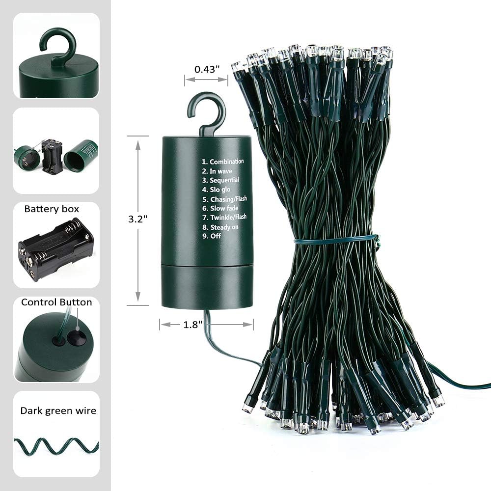 Joomer Battery Christmas Lights, 33ft 100LED Fairy Lights Battery Operated Timer 8 Modes Waterproof for Outdoor Home Garden Party Holiday Christmas Trees Decoration (White)