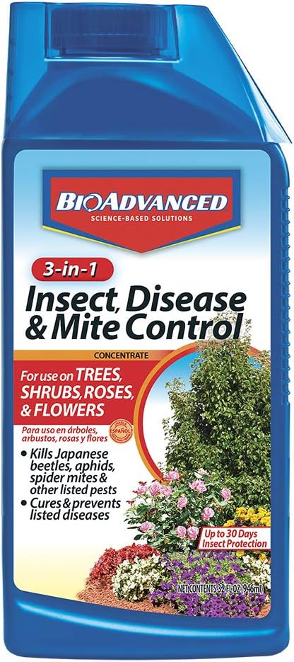BioAdvanced 3-in-1 Insect, Disease, and Mite Control Concentrate - Insecticide, Fungicide & Miticide - Mix & Spray - Prevents Listed Pests and Diseases - Up to 30 Days Protection - 32 oz Bottle