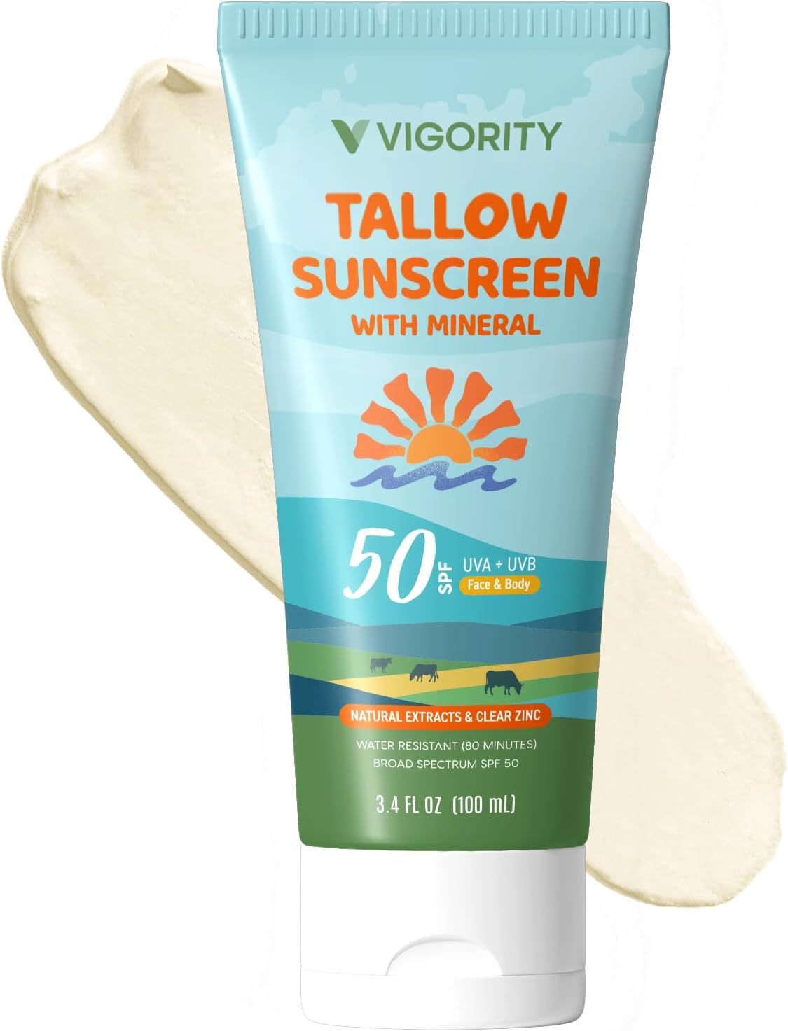 Mineral & Tallow Sunscreen SPF 50: Natural Zinc Oxide Sunscreen for Face & Body, Water-Resistant (80 Minutes) - 100 ml