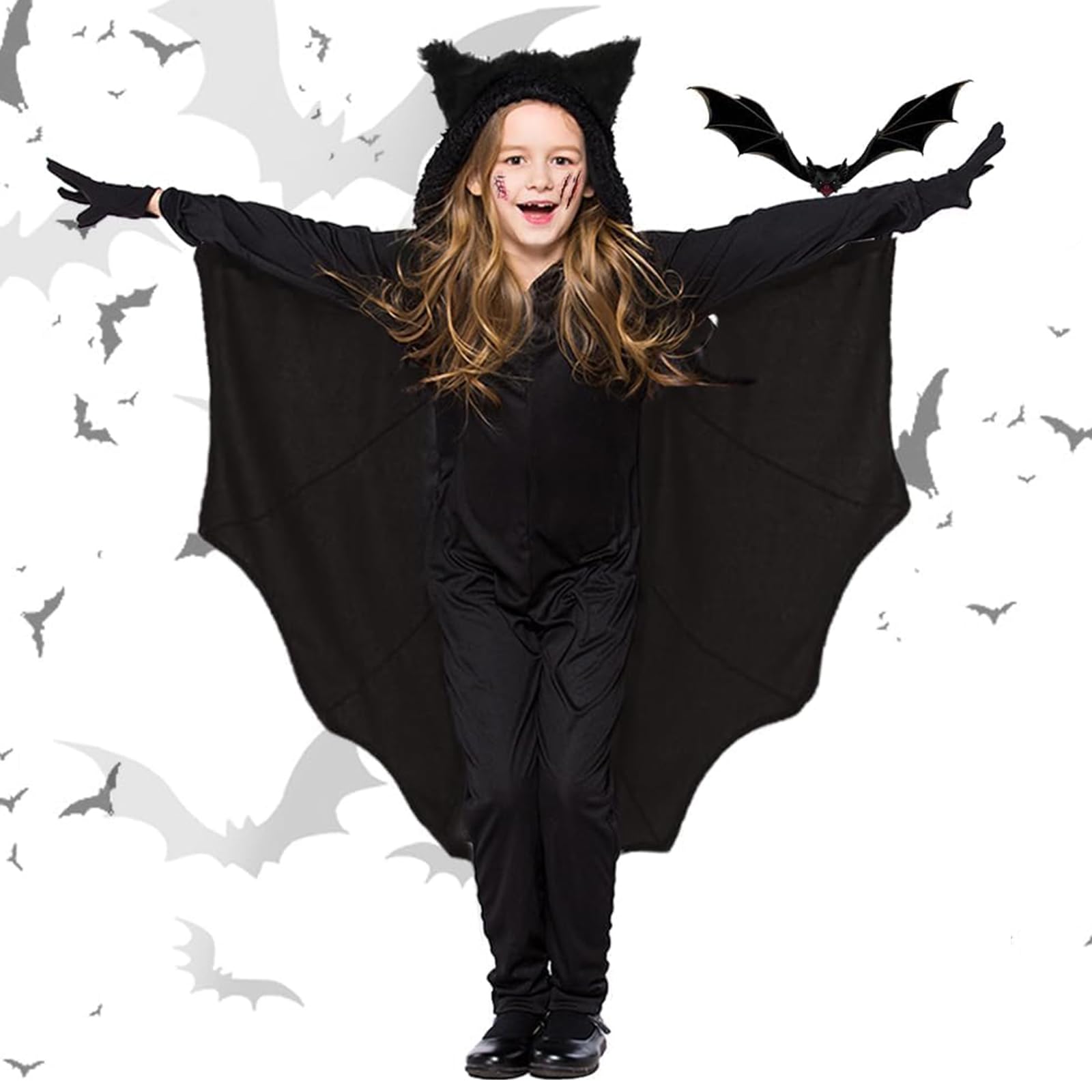 Pomefar Halloween Costume for Kids, Bat Costume Set with Gloves for Cosplay, Halloween Costume for Halloween Decoration