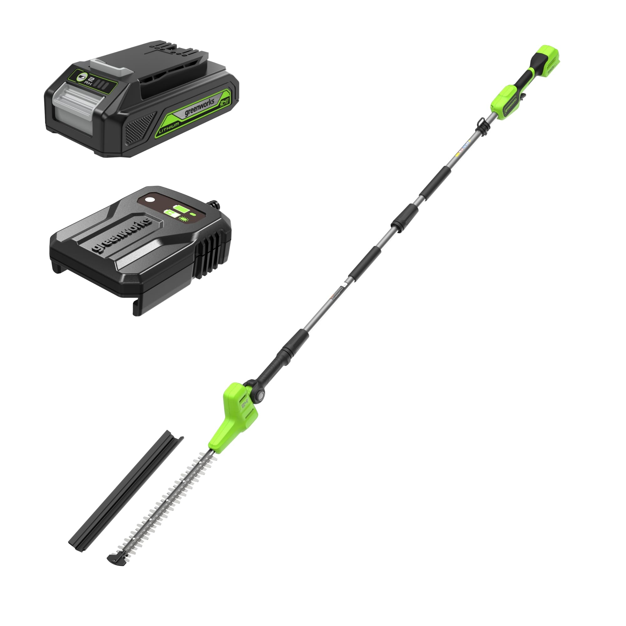 Greenworks 24V Cortasetos Pértiga a Batería con Eje Divisible, Cuchillas Doble Acción 51 cm, Cortes 28 mm, Pivote Cabezal de 112.5°, 3200 SPM, Batería y Cargador, 3 Años de Garantía PH24B211-01