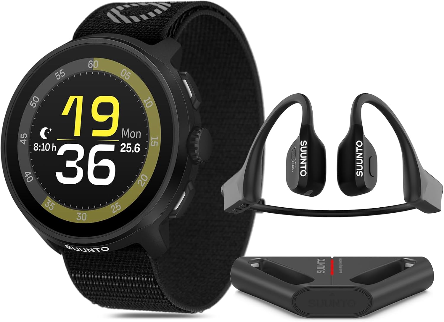 SUUNTO Run Sport Watch, Running GPS Watch All Black (w/Textile Strap) & SUUNTO Wing Open-Ear Bone Conduction Sports Bluetooth Headphones w/Charging Stand Black