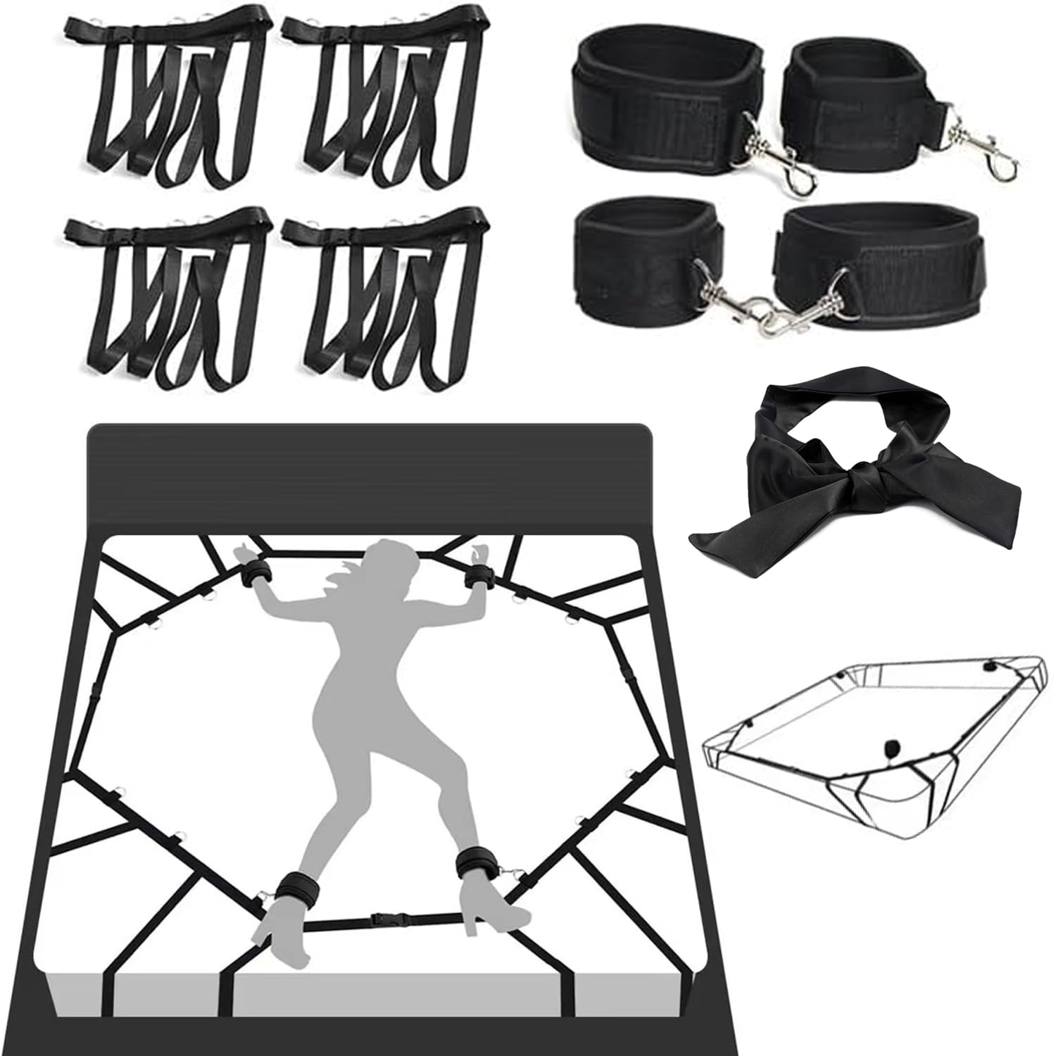 2026-Nouveau Ensemble de Retenue de lit à 4 Côtés Ensemble de Bondage Menottes SM Jouets Sexuels avec Masque pour Les Yeux Poignets et Cuisses Réglables Jouets Sexuels pour Couples Débutants