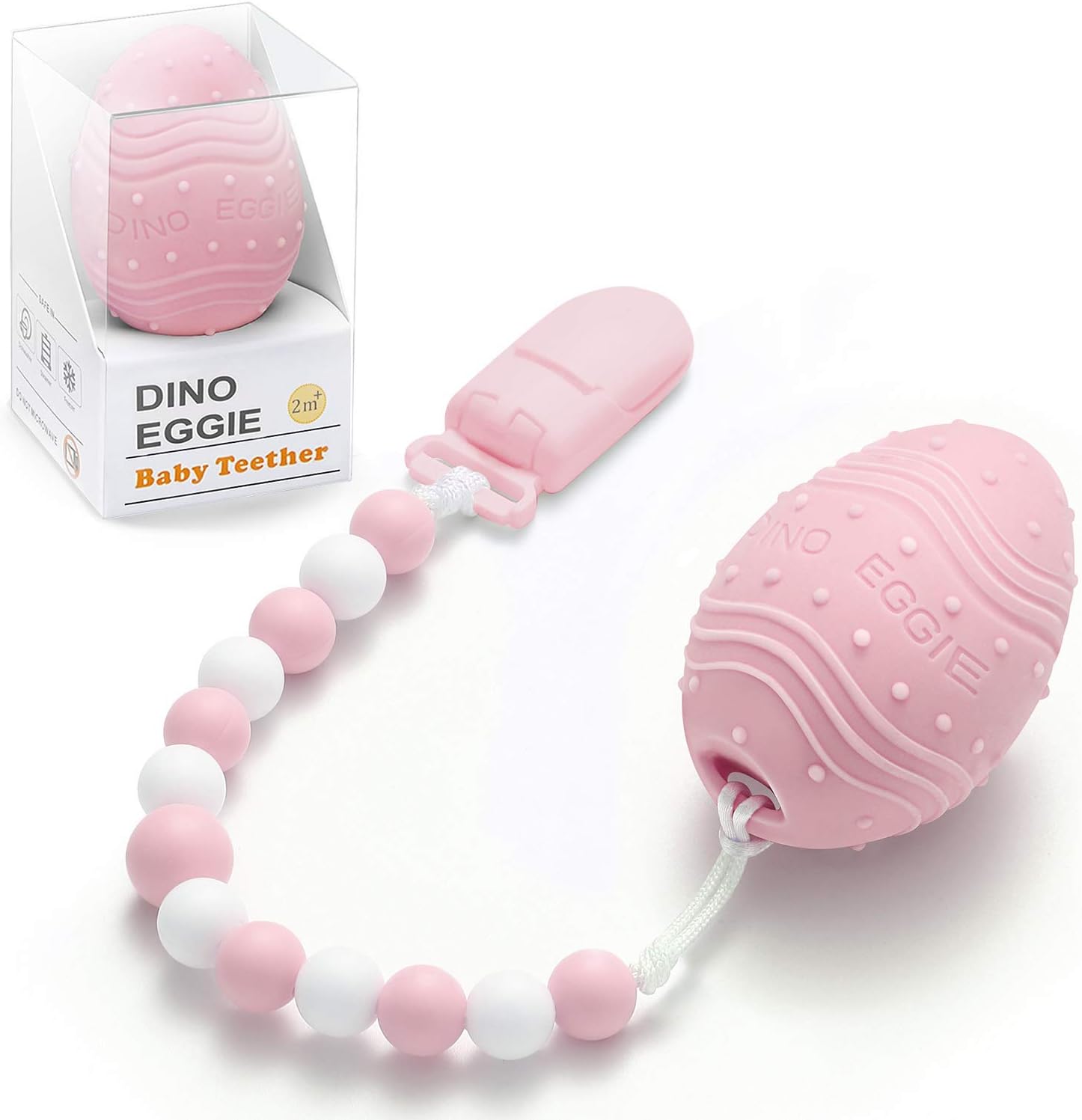 Dino Eggie Baby Teether, Egg-Shaped Teething Toy with Silicone Beaded Pacifier Holder Clip, BPA-Free, CPSC Lab Tested and Approved, for Baby Girls - Pink