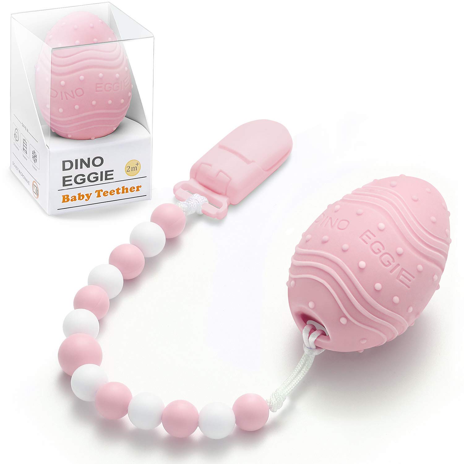 Dino Eggie Baby Teether, Egg-Shaped Teething Toy with Silicone Beaded Pacifier Holder Clip, BPA-Free, CPSC Lab Tested and Approved, for Baby Girls - Pink