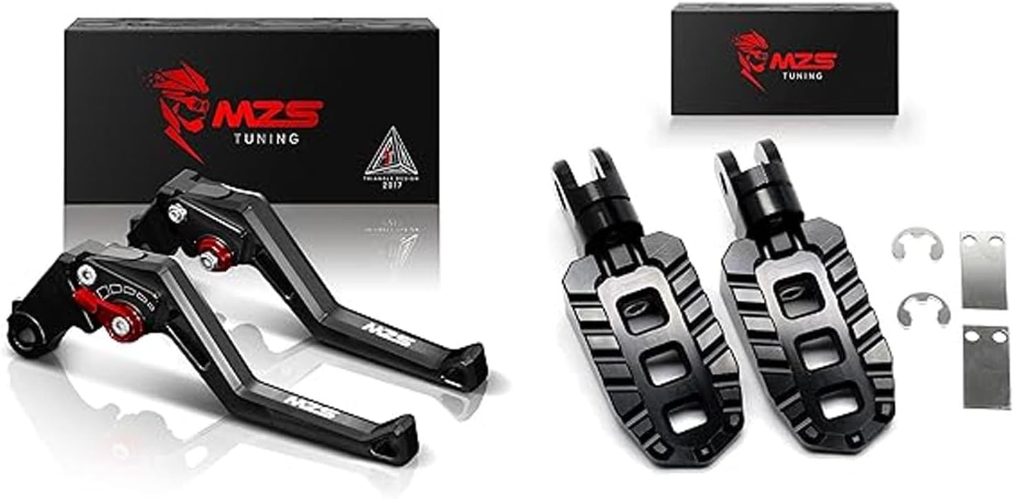 MZS Black Motorcycle Clutch Brake Levers Short Adjustable + Motorcycle Foot Pegs, Front Adventure Bike Footpeg Compatible with KLE650 KLE 650 / KLZ1000 KLZ 1000