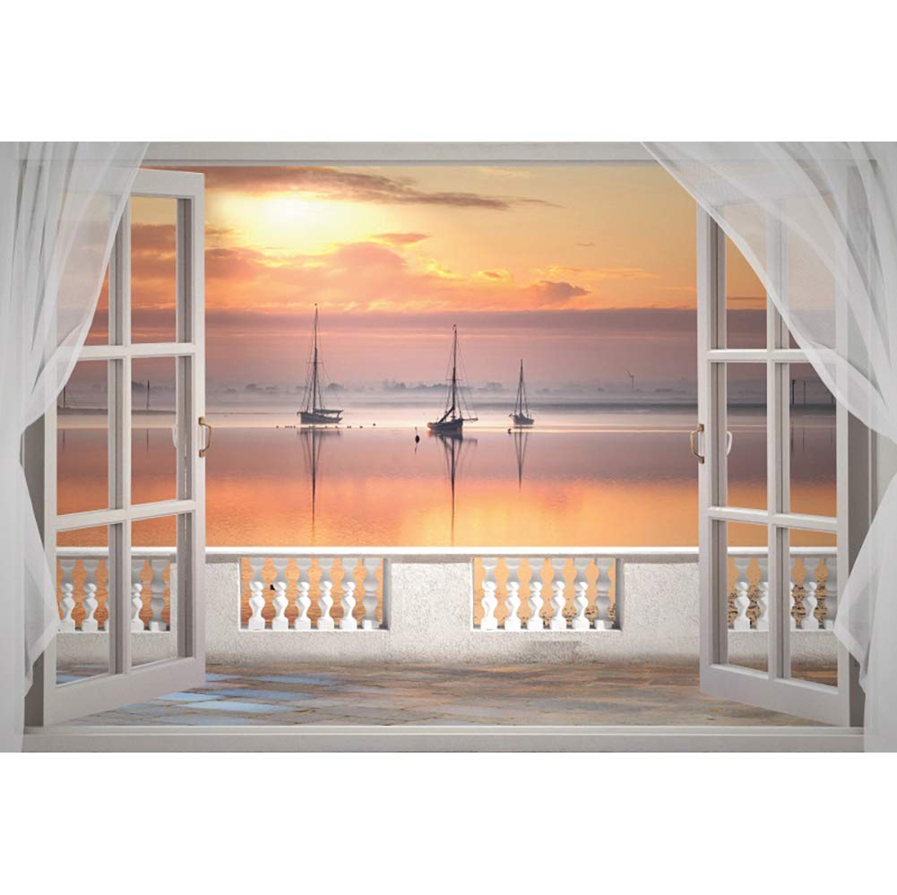 10x8ft Romántico Atardecer Correas de poliéster Ventanas Blancas tranquilas veleros a la Deriva Lago tranquilos Paisaje Natural Fondo turístico Accesorios de Estudio