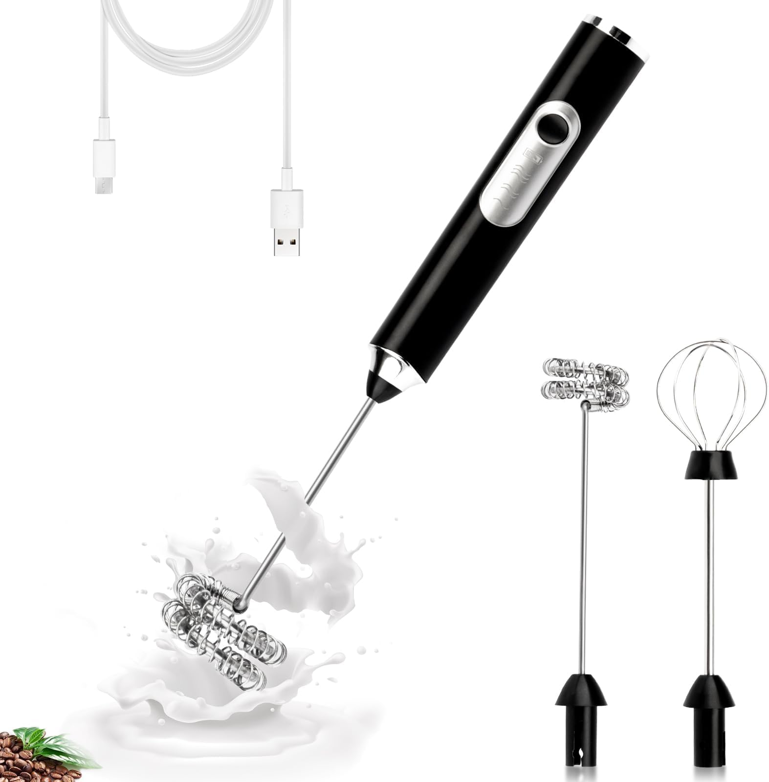 Electric Double Whisk Milk Frother, Handheld Milk Frother Wand for Coffee, USB Rechargeable Drink Mixer, 3 Speeds Adjustable, for Latte, Cappuccino, Hot Chocolate, Egg (Black)
