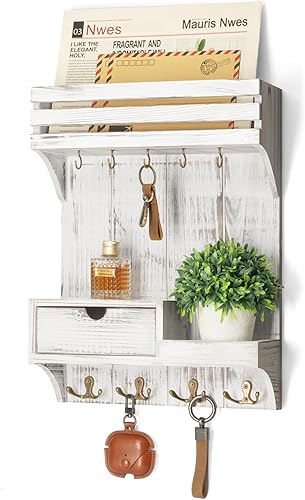 Rebee Vision Soporte de pared para llaves de granja con organizador de mini cajones, organizador de correo decorativo con 9 ganchos para llaves y