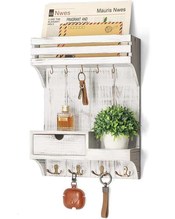 Rebee Vision Farmhouse Key Holder Wall Mount with Mini Drawer Organizer - Decorative Mail Organizer with 9 Key Hooks & Shelf - Ideal Apartment Essentials for Home Decor (Whitewash) by Rebee Vision - Used condition - US$33.64