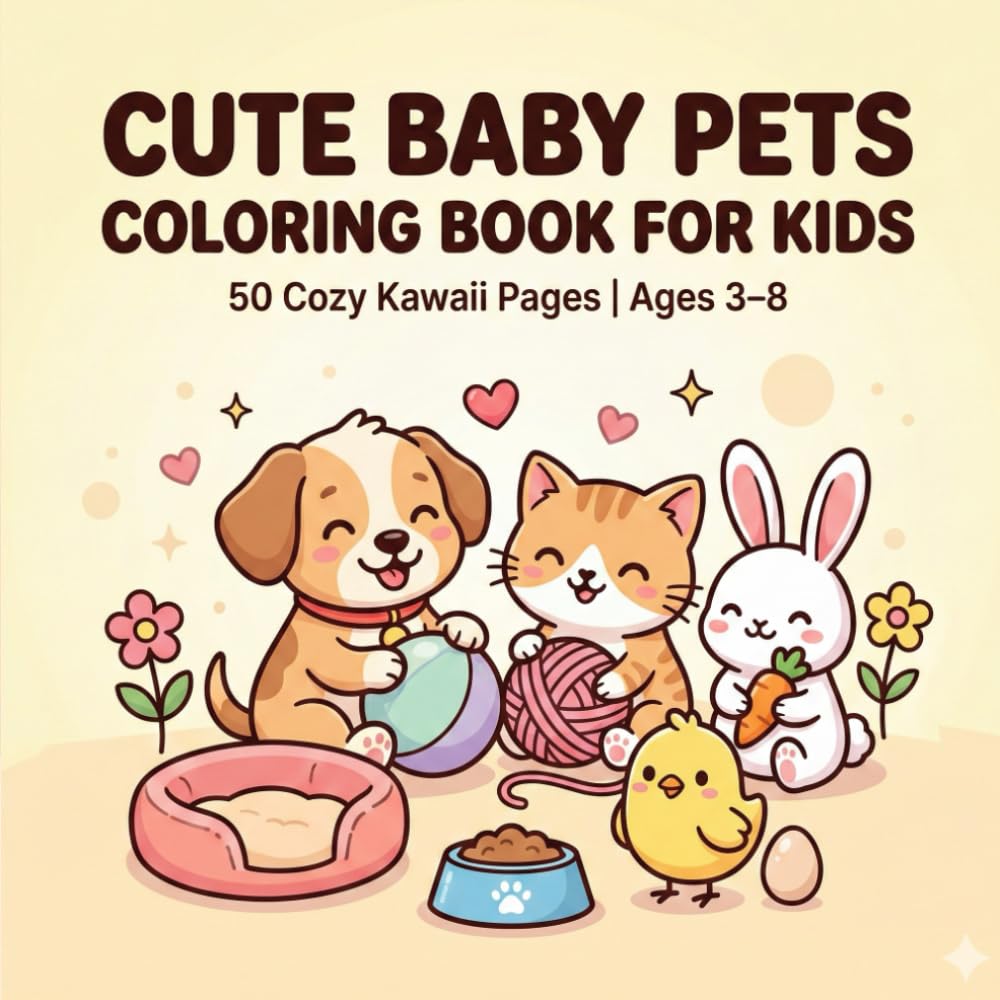 Cute Baby Pets Coloring Book for Kids: 50 Cozy Kawaii Coloring Pages of Puppies, Kittens, Bunnies, and Chicks | Ages 3–8