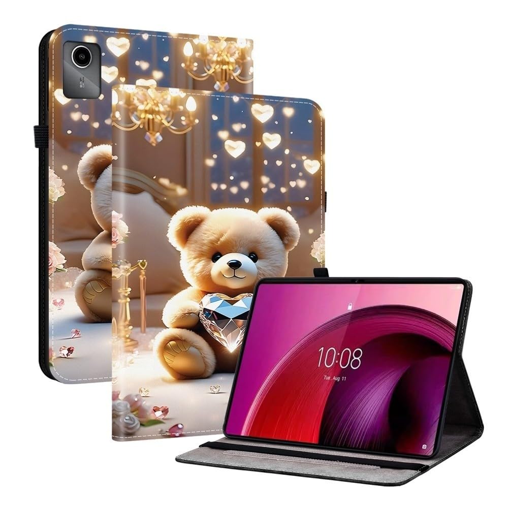 Generic Funda compatible con Lenovo Tab M10 Plus de 3ª generación TB125FU TB128XU (color: oso de diamantes) Funda de piel a prueba de golpes con función atril