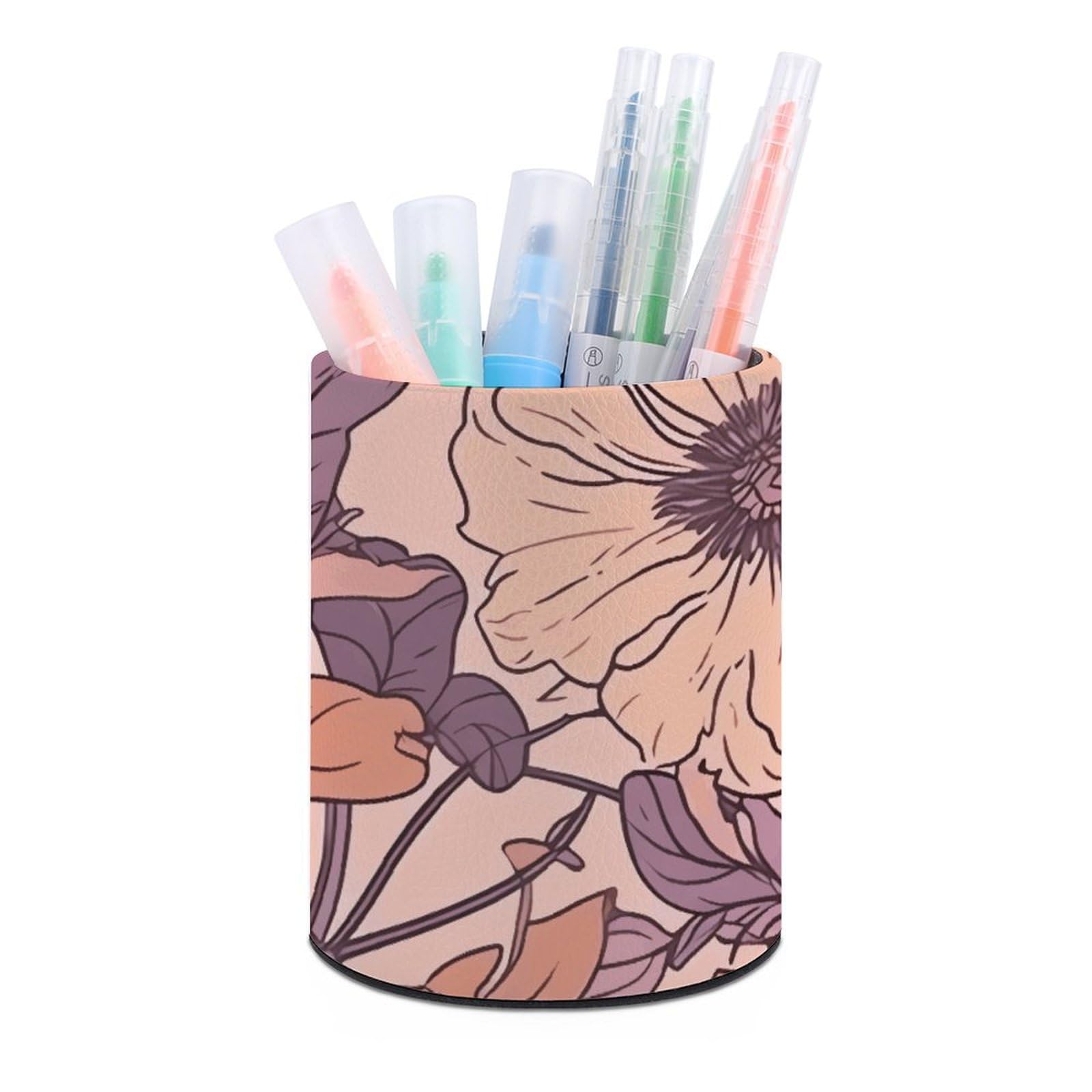 KLOPH PU Leather Pen Holder for Desk, Aesthetic Pencil Cup for Desktop, Makeup Brush Srotage for PenOrganizer Office Supplies, Light Peach Flowers Pen Cup Pencil Caddy for Home Art Supply